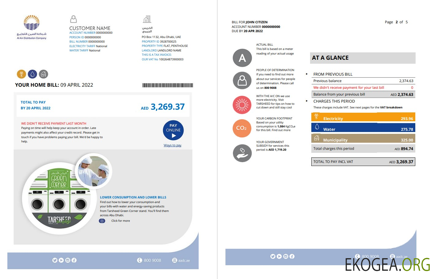 UAE Abu Dhabi Al Ain Distribution Co. Word and PDF utility bill template (5 pages) 1 2